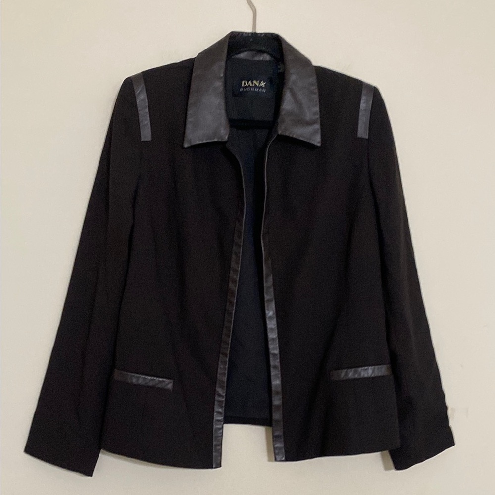 Dona Buchman Women's open Jacket blazer women 14 wool leather trim event office